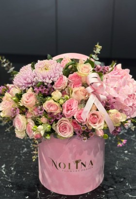 Pink Box Arrangement and chocolates