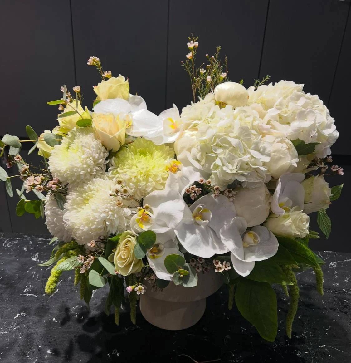 White  Orchids Rose Anasatasia Hydrangea Arrangement