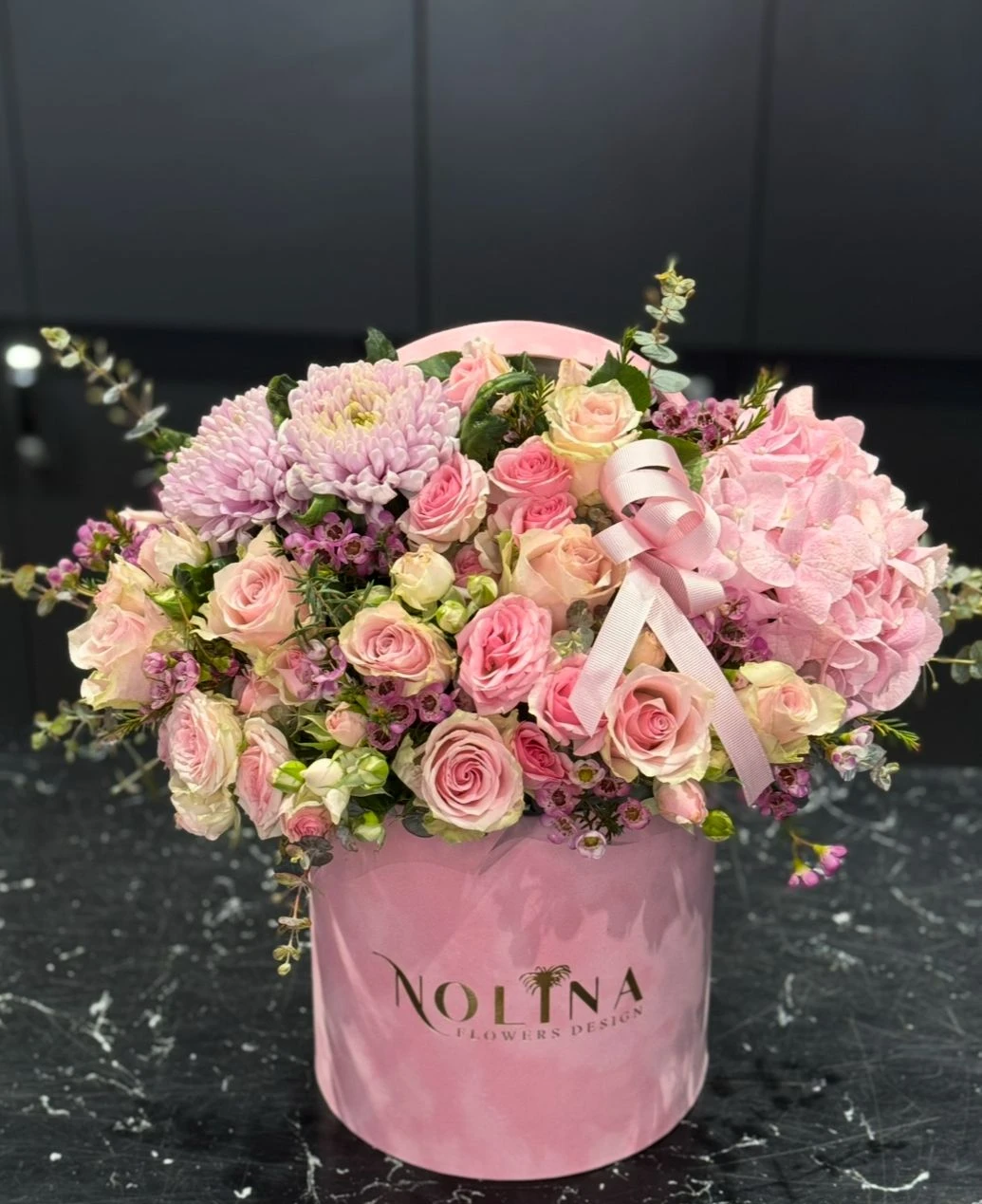Pink Box Arrangement and chocolates